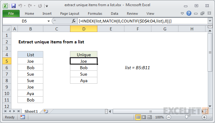 Excel formula: Extract unique items from a list
