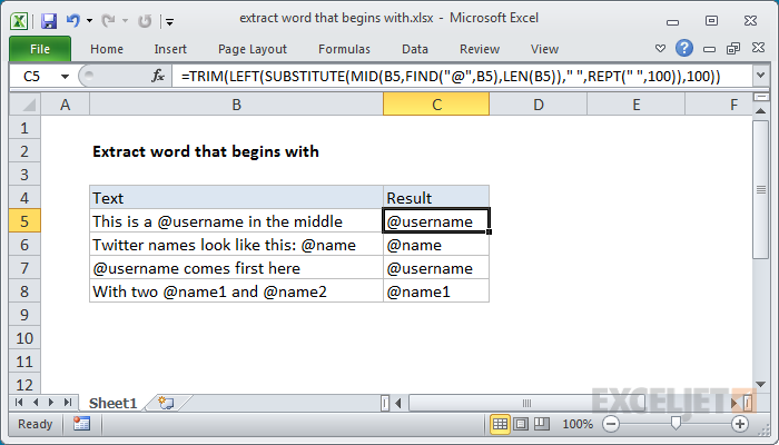 Excel formula: Extract word that begins with specific character