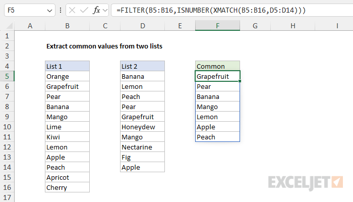 Excel formula: Extract common values from two lists