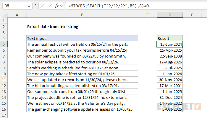 Excel formula: Extract date from text string