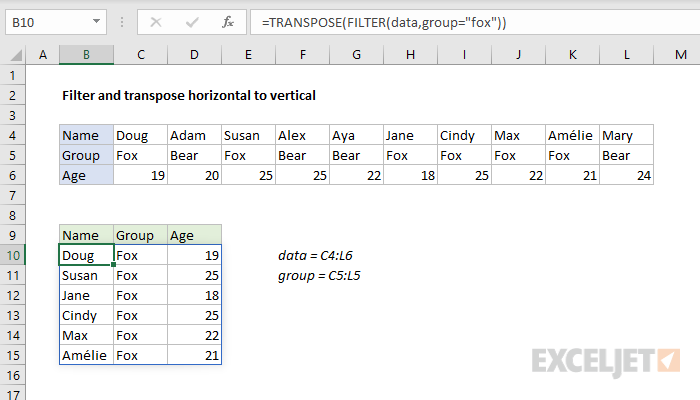 Excel formula: Filter and transpose horizontal to vertical