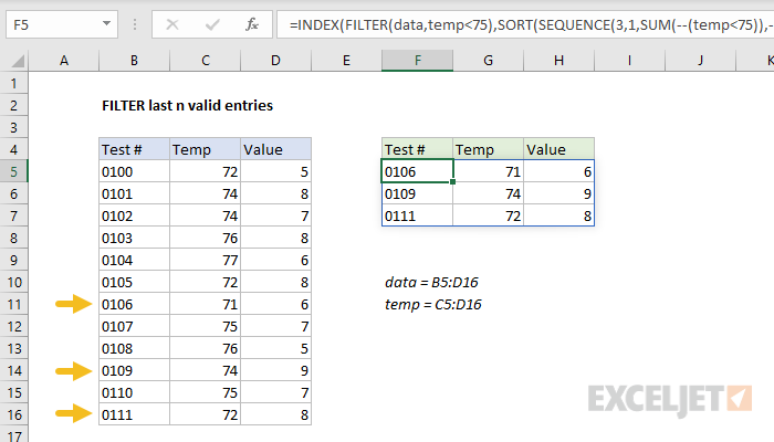 Excel formula: FILTER last n valid entries