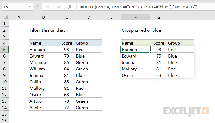 Excel formula: Filter this or that