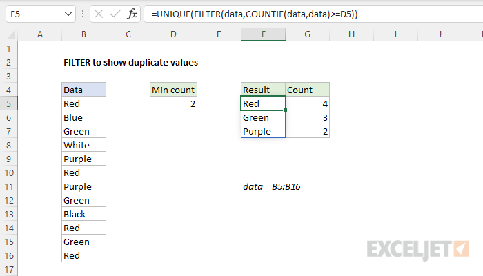 generelt Mockingbird Uendelighed FILTER to show duplicate values - Excel formula | Exceljet