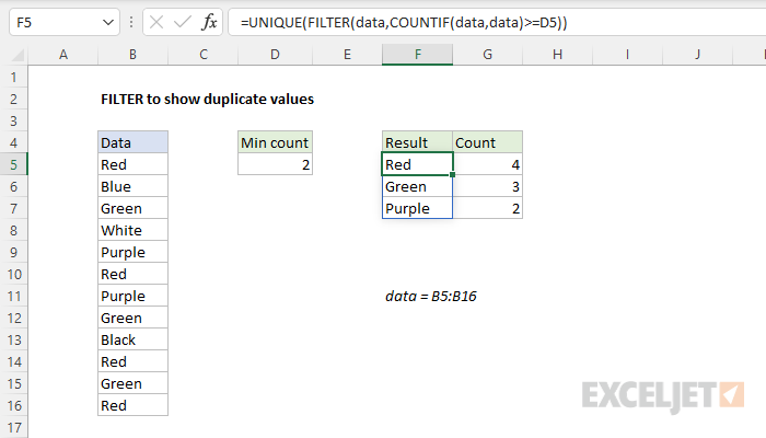 Excel formula: FILTER to show duplicate values