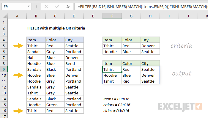 Excel formula: FILTER with multiple OR criteria