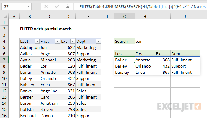 Excel formula: FILTER with partial match