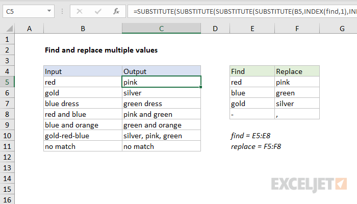 Excel formula: Find and replace multiple values