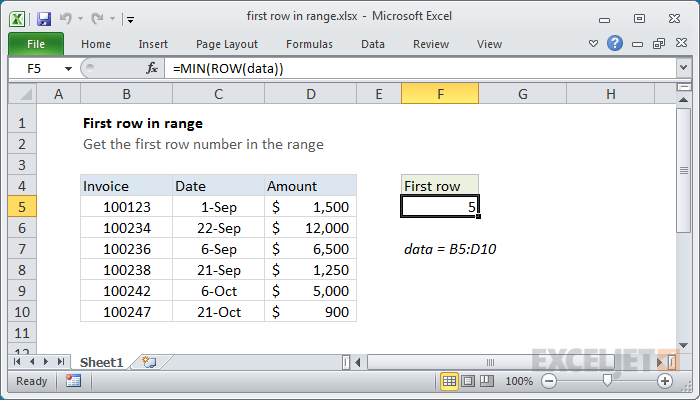 Excel formula: First row number in range
