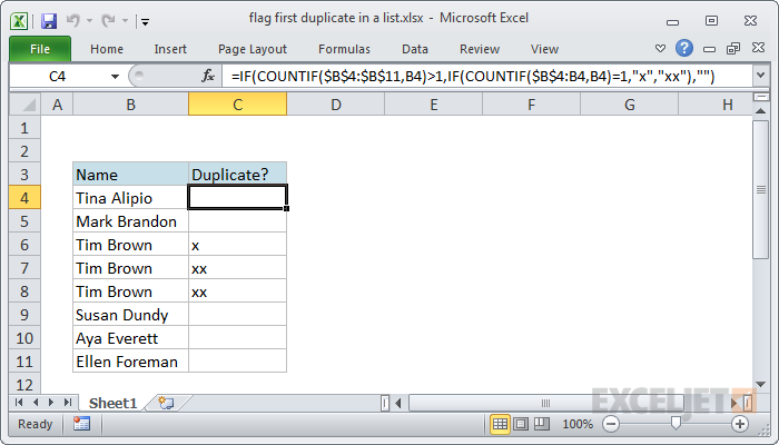 Excel formula: Flag first duplicate in a list