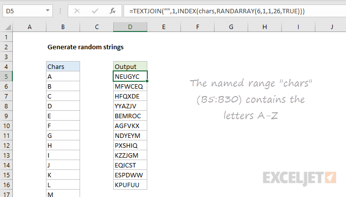 Excel formula: Generate random text strings