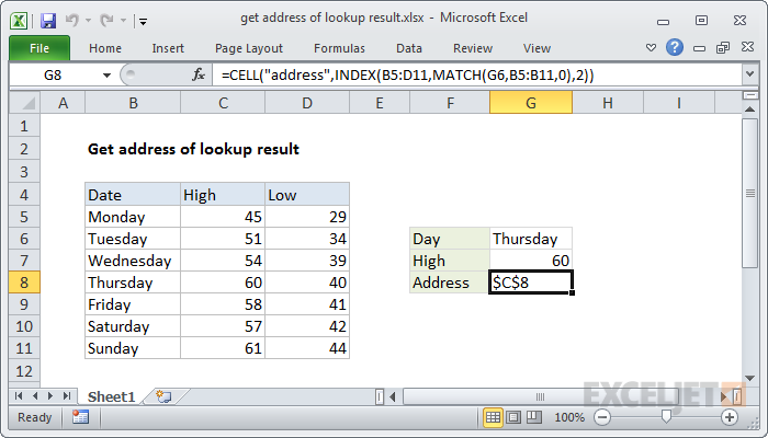 Excel formula: Get address of lookup result