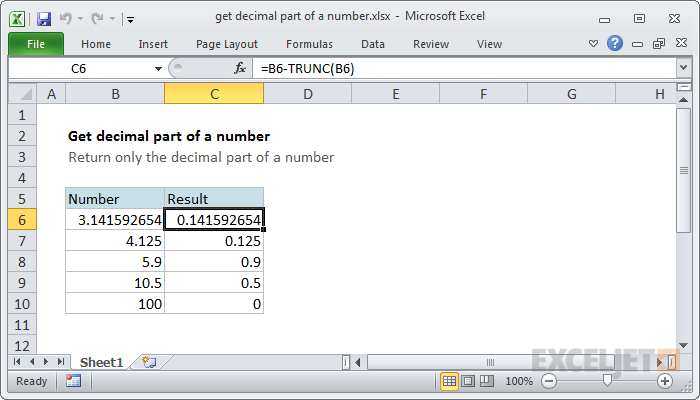 Excel formula: Get decimal part of a number