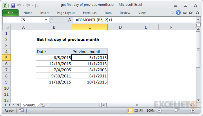 Excel formula: Get first day of previous month