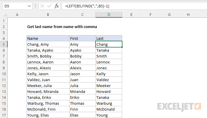 Excel formula: Get last name from name with comma