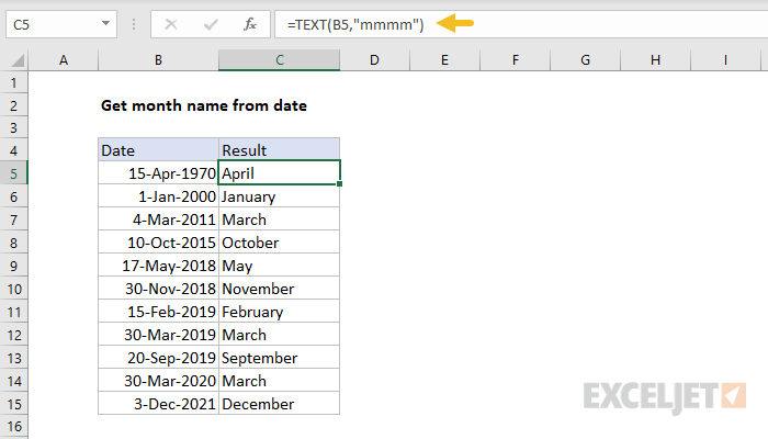 Excel formula: Get month name from date
