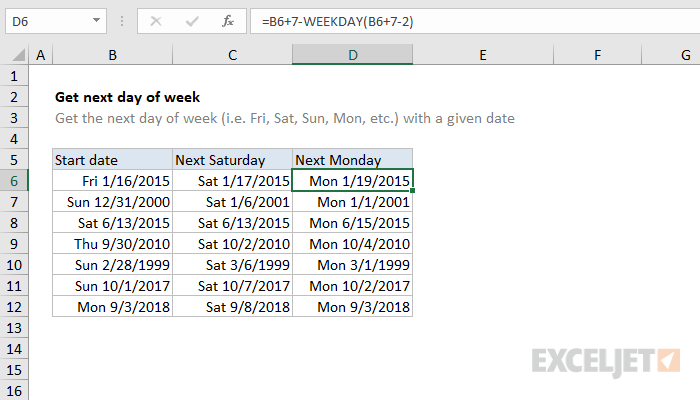Excel formula: Get next day of week