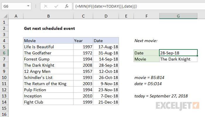 Excel formula: Get next scheduled event