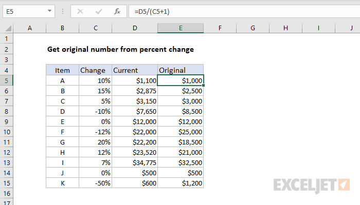 Excel formula: Get original number from percent change