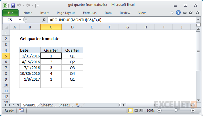 Excel formula: Get quarter from date