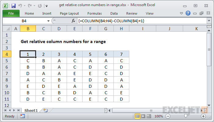 Excel formula: Get relative column numbers in range