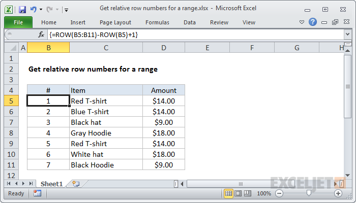Excel formula: Get relative row numbers in range
