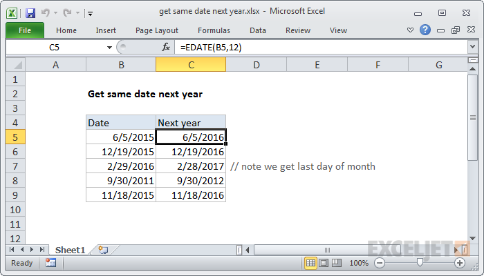 Excel formula: Get same date next year