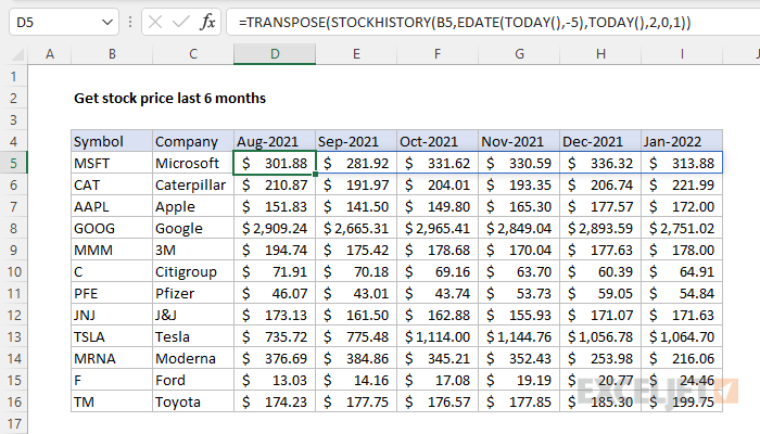 Excel formula: Get stock price last n months