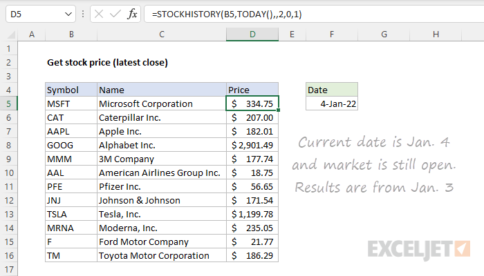 Excel formula: Get stock price (latest close)