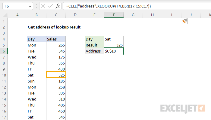 Excel formula: Get address of lookup result