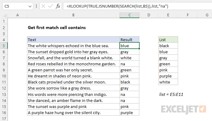 Excel formula: Get first match cell contains