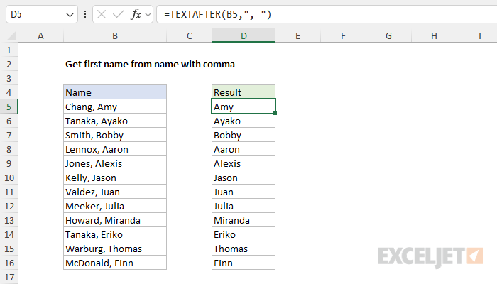 Excel formula: Get first name from name with comma