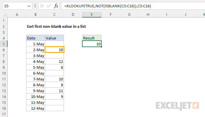 Excel formula: Get first non-blank value in a list
