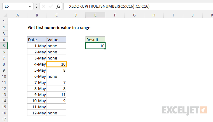 Excel formula: Get first numeric value in a range