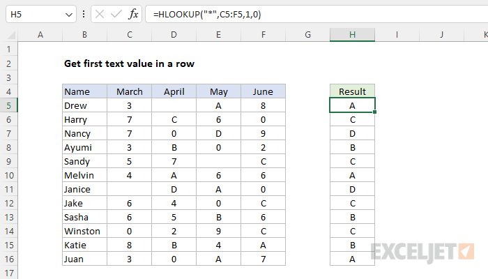Excel formula: Get first text value in a row