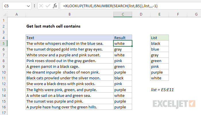 Excel formula: Get last match cell contains