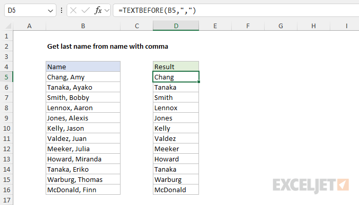 Excel formula: Get last name from name with comma