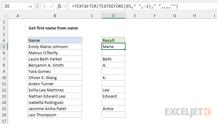 Excel formula: Get middle name from full name