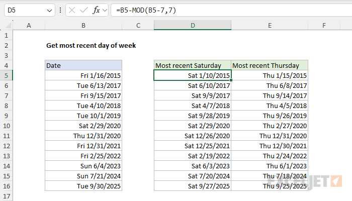 Excel formula: Get most recent day of week