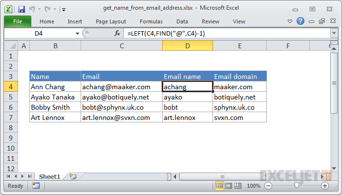 Excel formula: Get name from email address