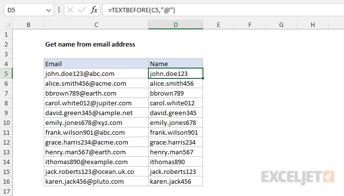 Excel formula: Get name from email address