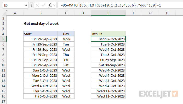 Excel formula: Get next day of week