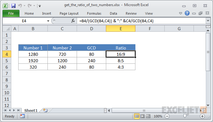 Excel formula: Calculate a ratio from two numbers