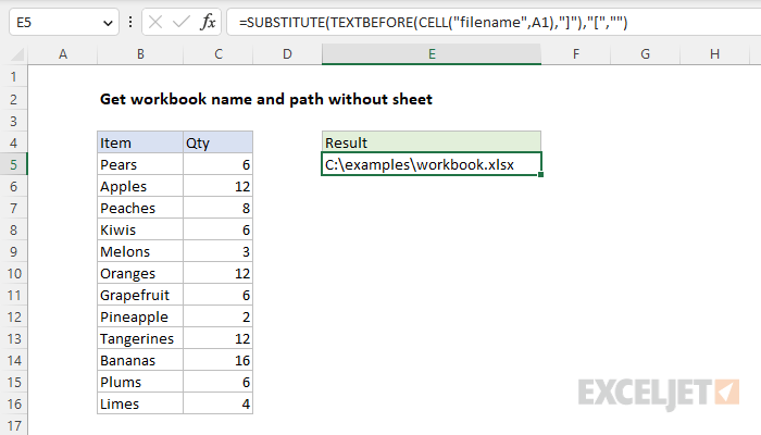 Excel formula: Get workbook name and path without sheet