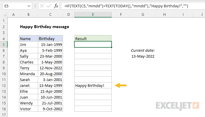 Excel formula: Happy birthday message