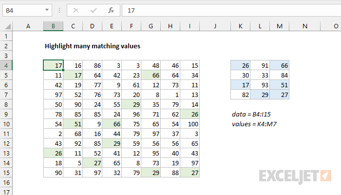 Excel formula: Highlight many matching values