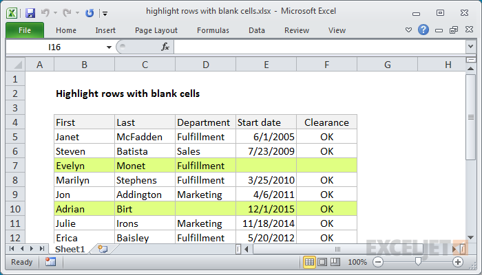 Excel formula: Highlight rows with blank cells