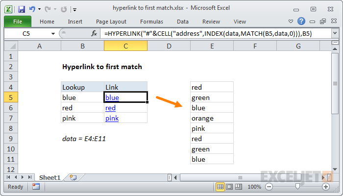 Excel formula: Hyperlink to first match