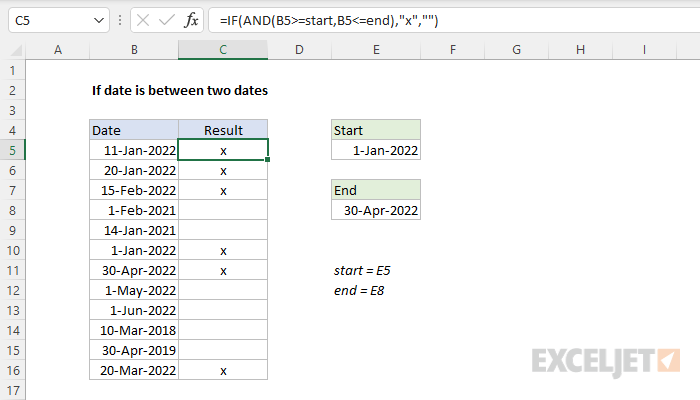 Excel formula: If date is between two dates