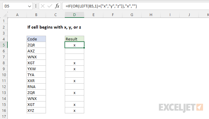 Excel formula: If cell begins with x, y, or z